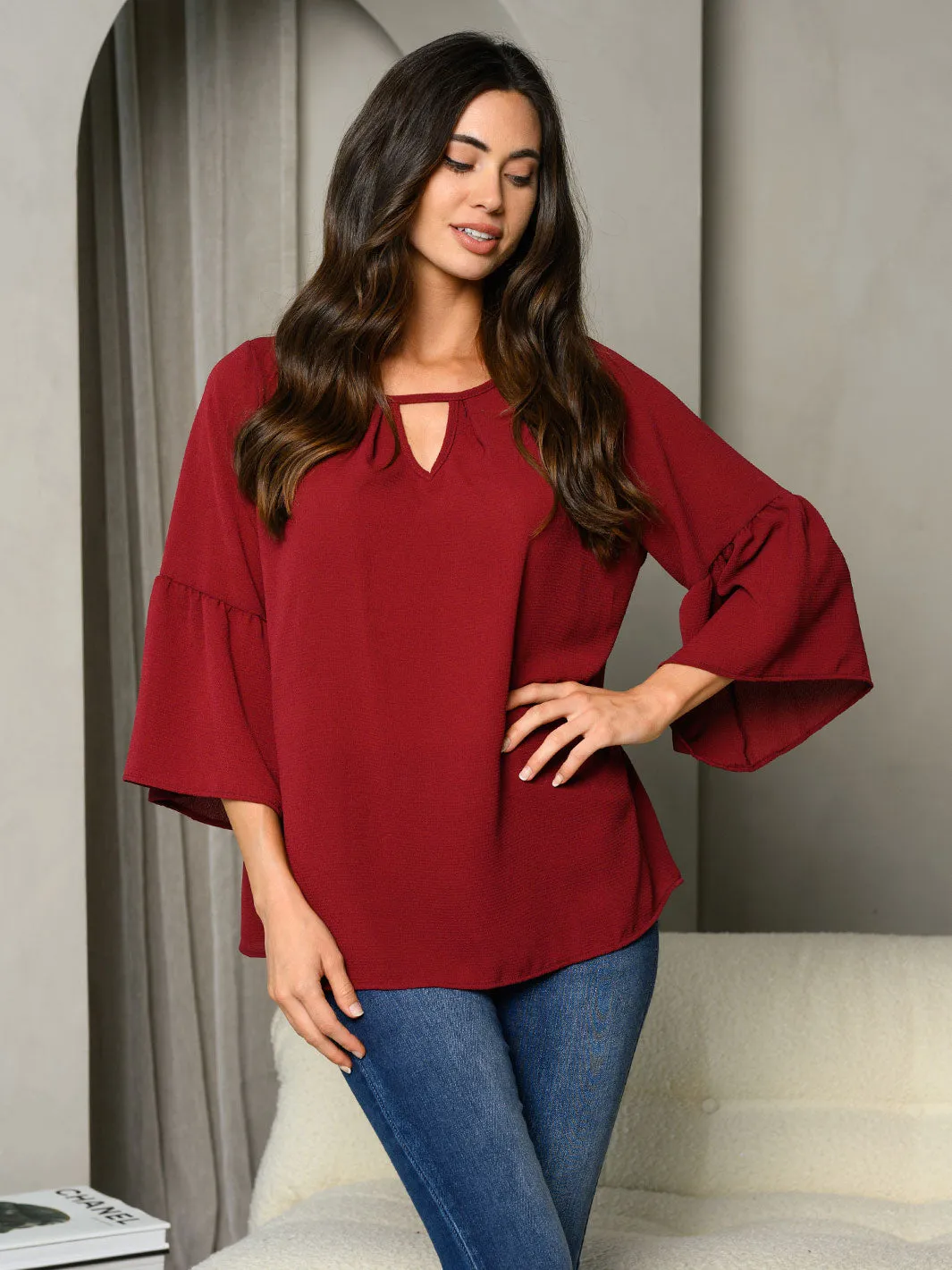 WOMEN'S 3/4 BELL SLEEVE V-NECK TUNIC TOP