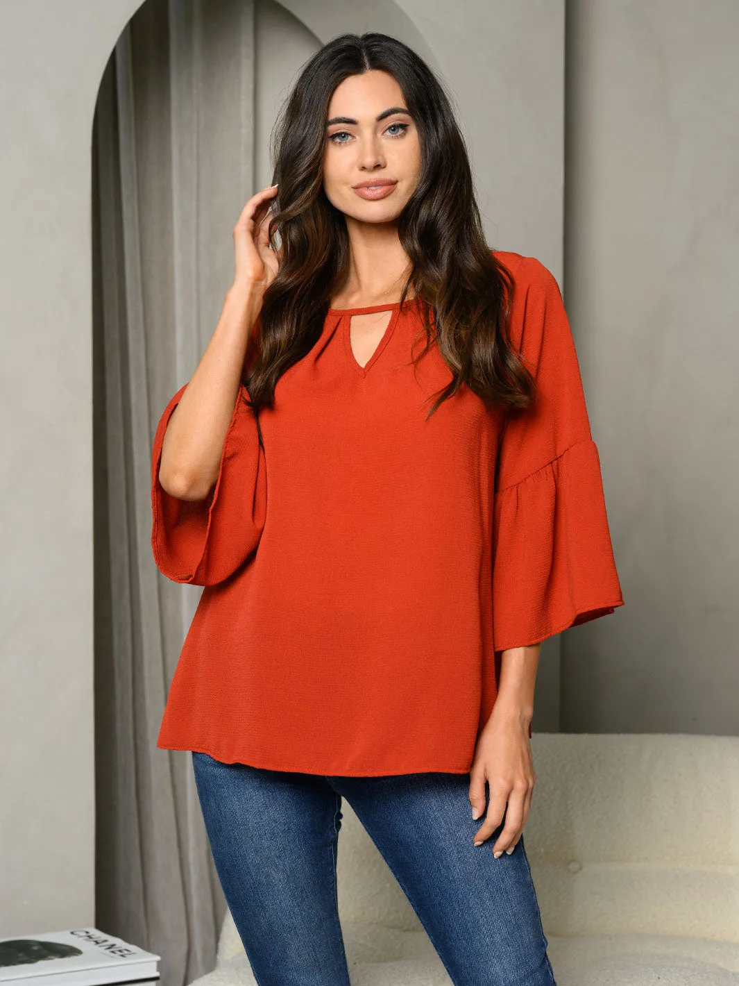 WOMEN'S 3/4 BELL SLEEVE V-NECK TUNIC TOP