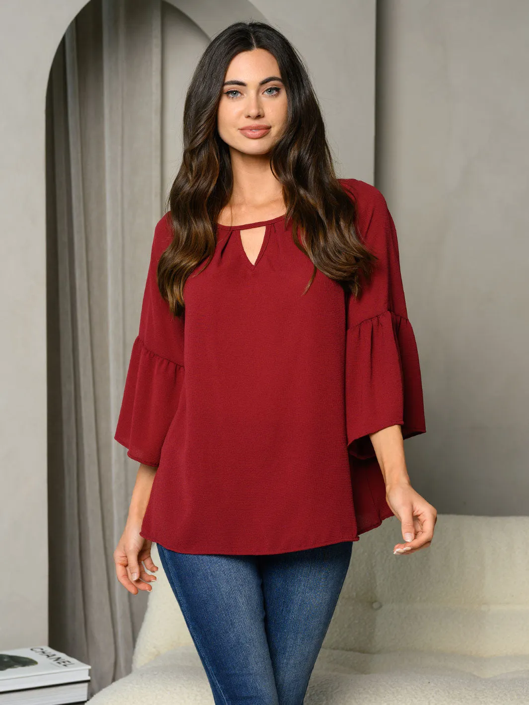 WOMEN'S 3/4 BELL SLEEVE V-NECK TUNIC TOP