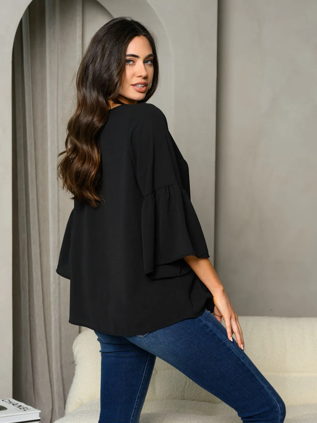 WOMEN'S 3/4 BELL SLEEVE V-NECK TUNIC TOP