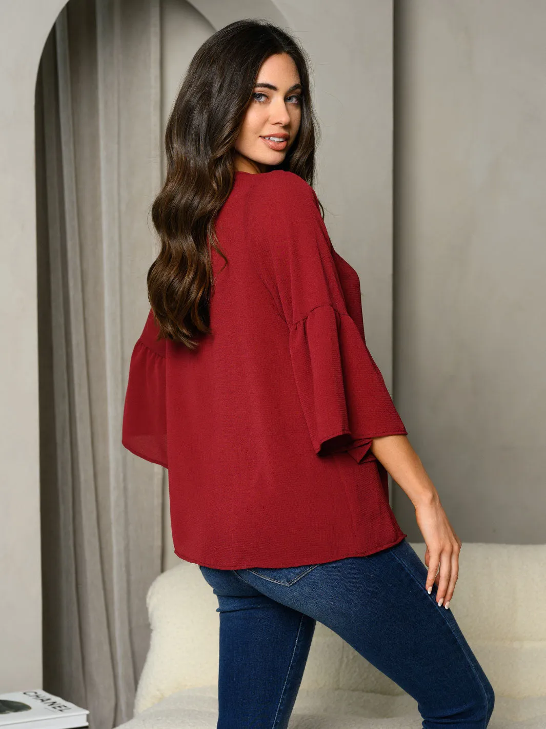 WOMEN'S 3/4 BELL SLEEVE V-NECK TUNIC TOP