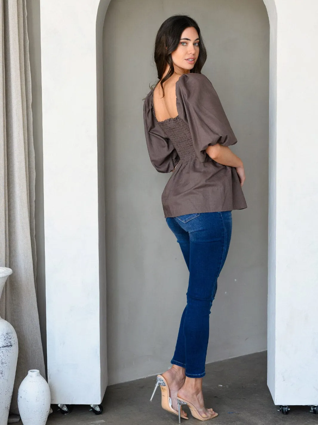 WOMEN'S 3/4 PUFF SLEEVE SMOCK PEPLUM TUNIC TOP