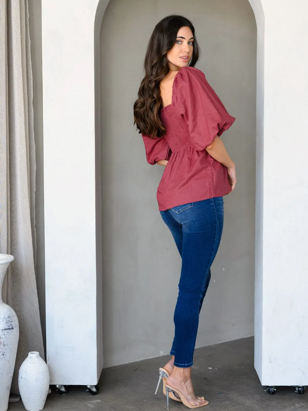 WOMEN'S 3/4 PUFF SLEEVE SMOCK PEPLUM TUNIC TOP