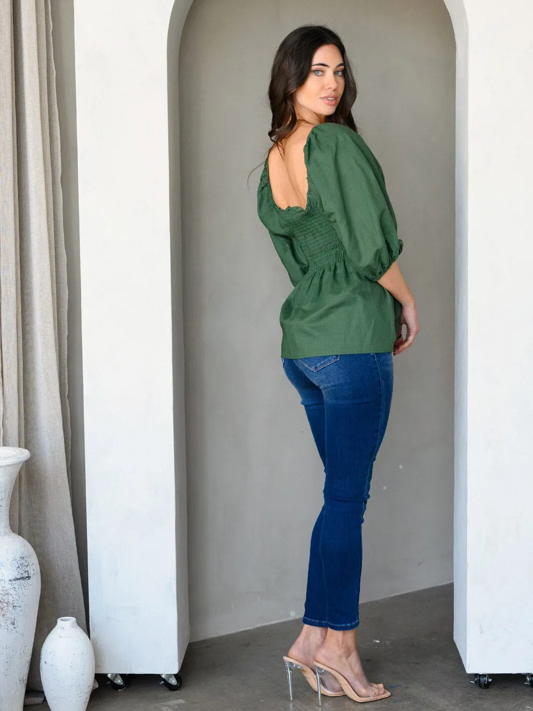 WOMEN'S 3/4 PUFF SLEEVE SMOCK PEPLUM TUNIC TOP