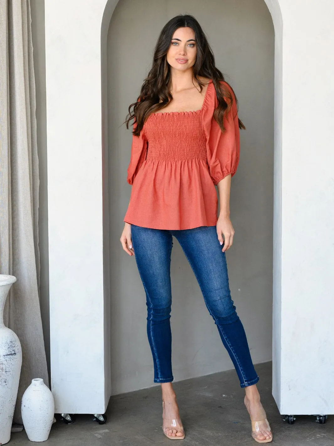 WOMEN'S 3/4 PUFF SLEEVE SMOCK PEPLUM TUNIC TOP