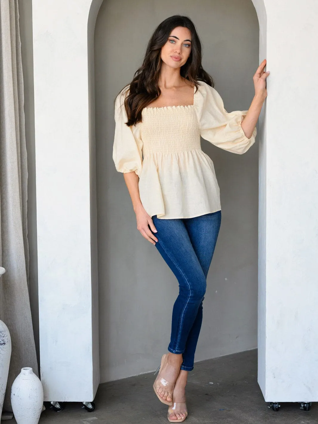 WOMEN'S 3/4 PUFF SLEEVE SMOCK PEPLUM TUNIC TOP
