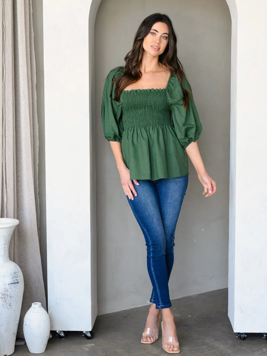 WOMEN'S 3/4 PUFF SLEEVE SMOCK PEPLUM TUNIC TOP