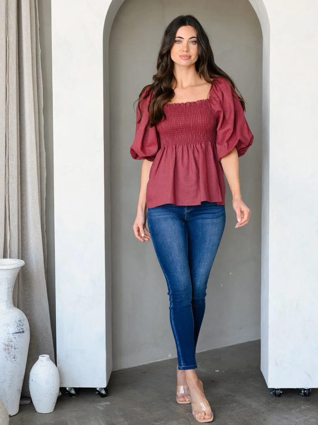 WOMEN'S 3/4 PUFF SLEEVE SMOCK PEPLUM TUNIC TOP