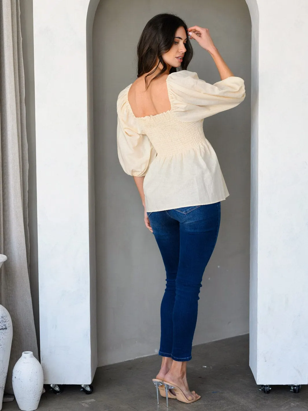 WOMEN'S 3/4 PUFF SLEEVE SMOCK PEPLUM TUNIC TOP
