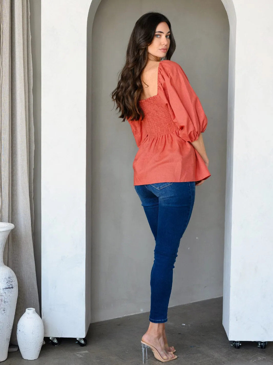 WOMEN'S 3/4 PUFF SLEEVE SMOCK PEPLUM TUNIC TOP