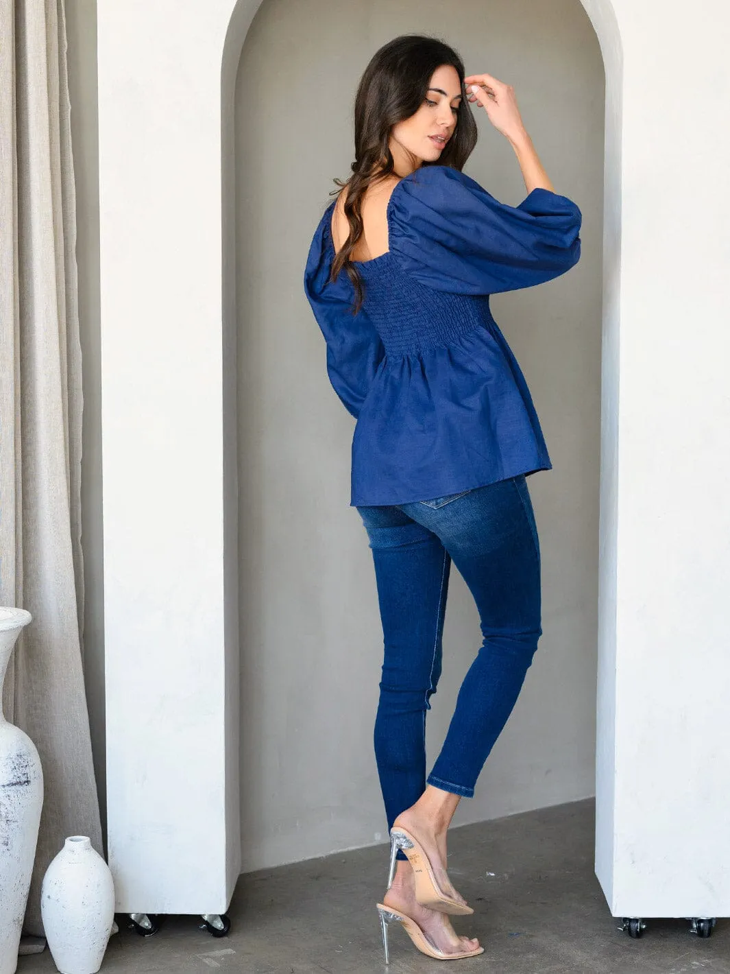 WOMEN'S 3/4 PUFF SLEEVE SMOCK PEPLUM TUNIC TOP