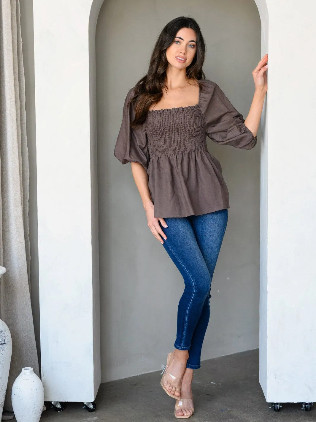 WOMEN'S 3/4 PUFF SLEEVE SMOCK PEPLUM TUNIC TOP