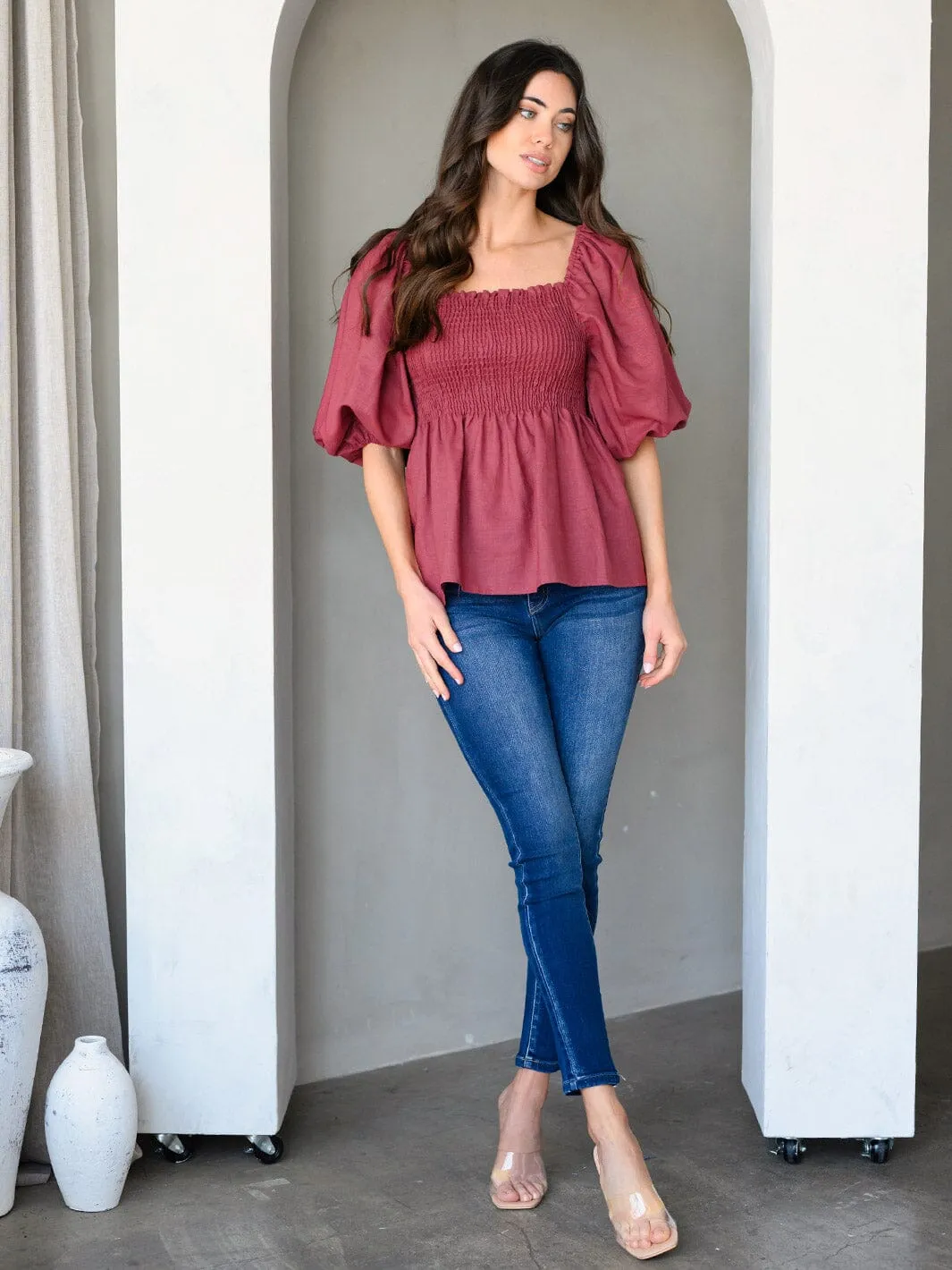 WOMEN'S 3/4 PUFF SLEEVE SMOCK PEPLUM TUNIC TOP