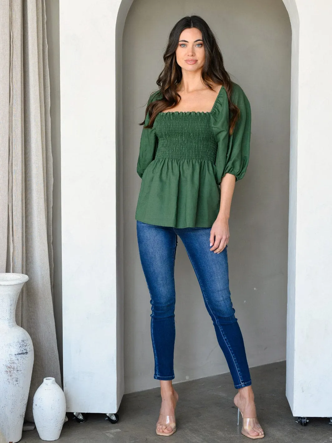 WOMEN'S 3/4 PUFF SLEEVE SMOCK PEPLUM TUNIC TOP