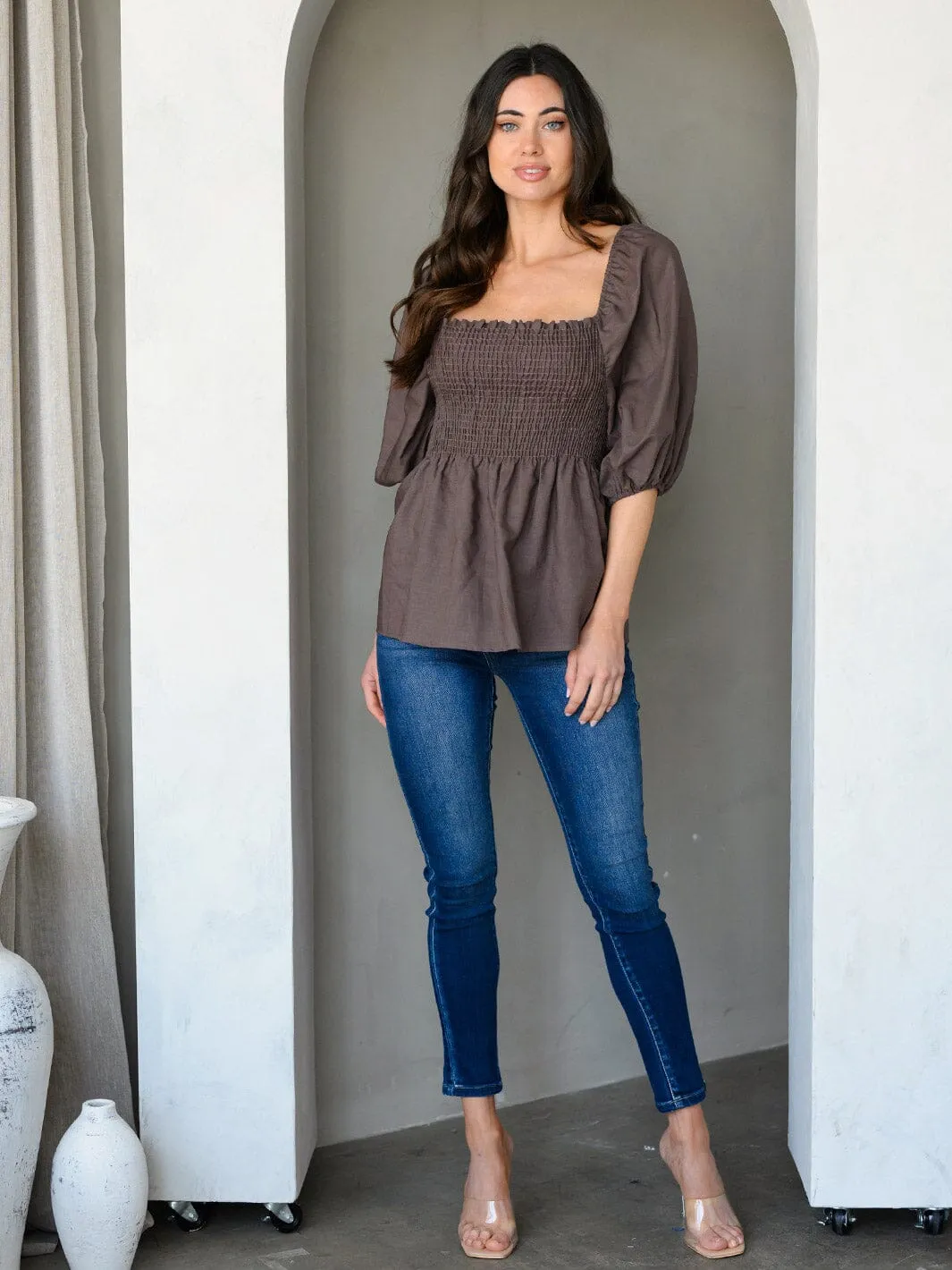 WOMEN'S 3/4 PUFF SLEEVE SMOCK PEPLUM TUNIC TOP
