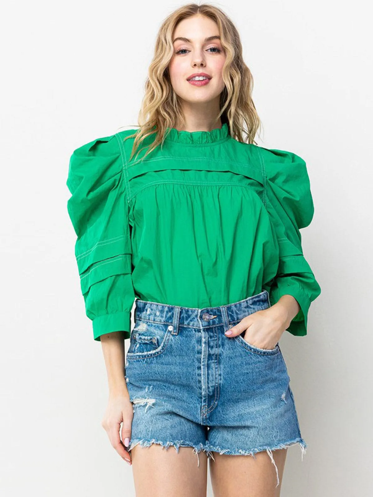 WOMEN'S 3/4 PUFF SLEEVE TUNIC BLOUSE TOP