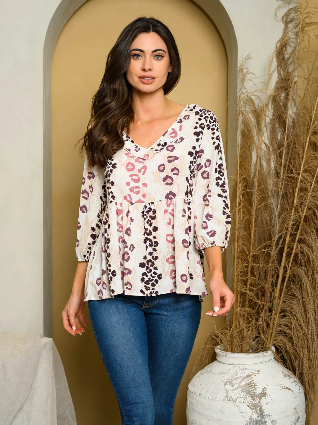 WOMEN'S 3/4 SLEEVE ANIMAL PRINT TOP