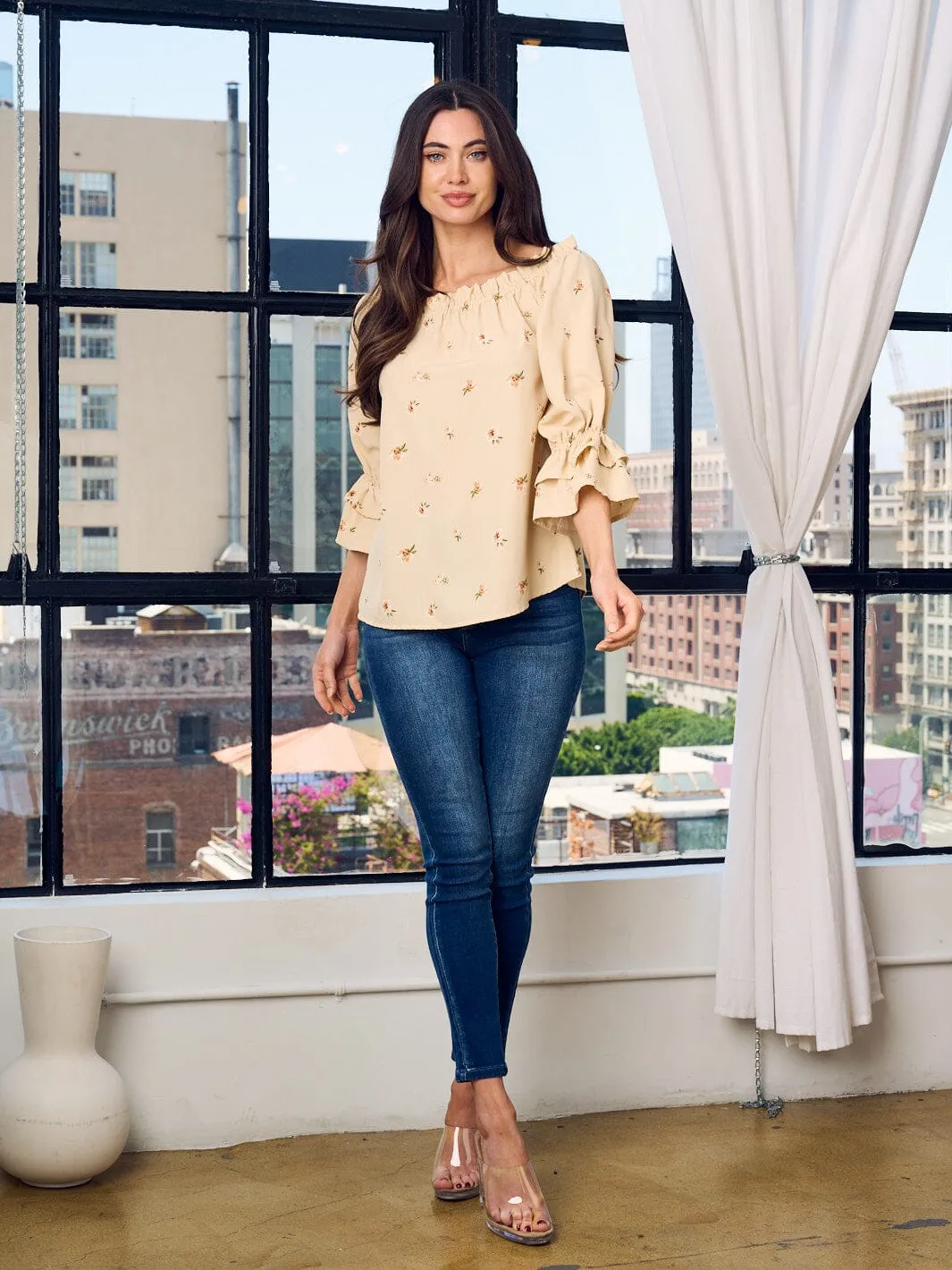 WOMEN'S 3/4 SLEEVE OFF SHOULDER RUFFLE SMOCK FLORAL TOP