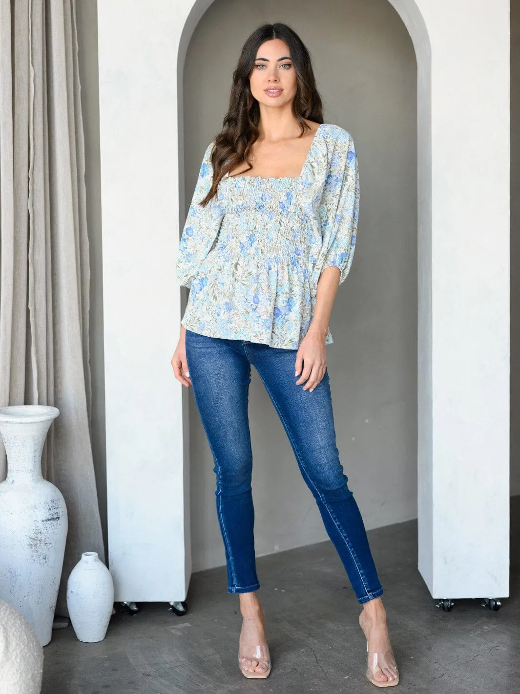 WOMEN'S 3/4 SLEEVE SMOCK FLORAL TUNIC TOP