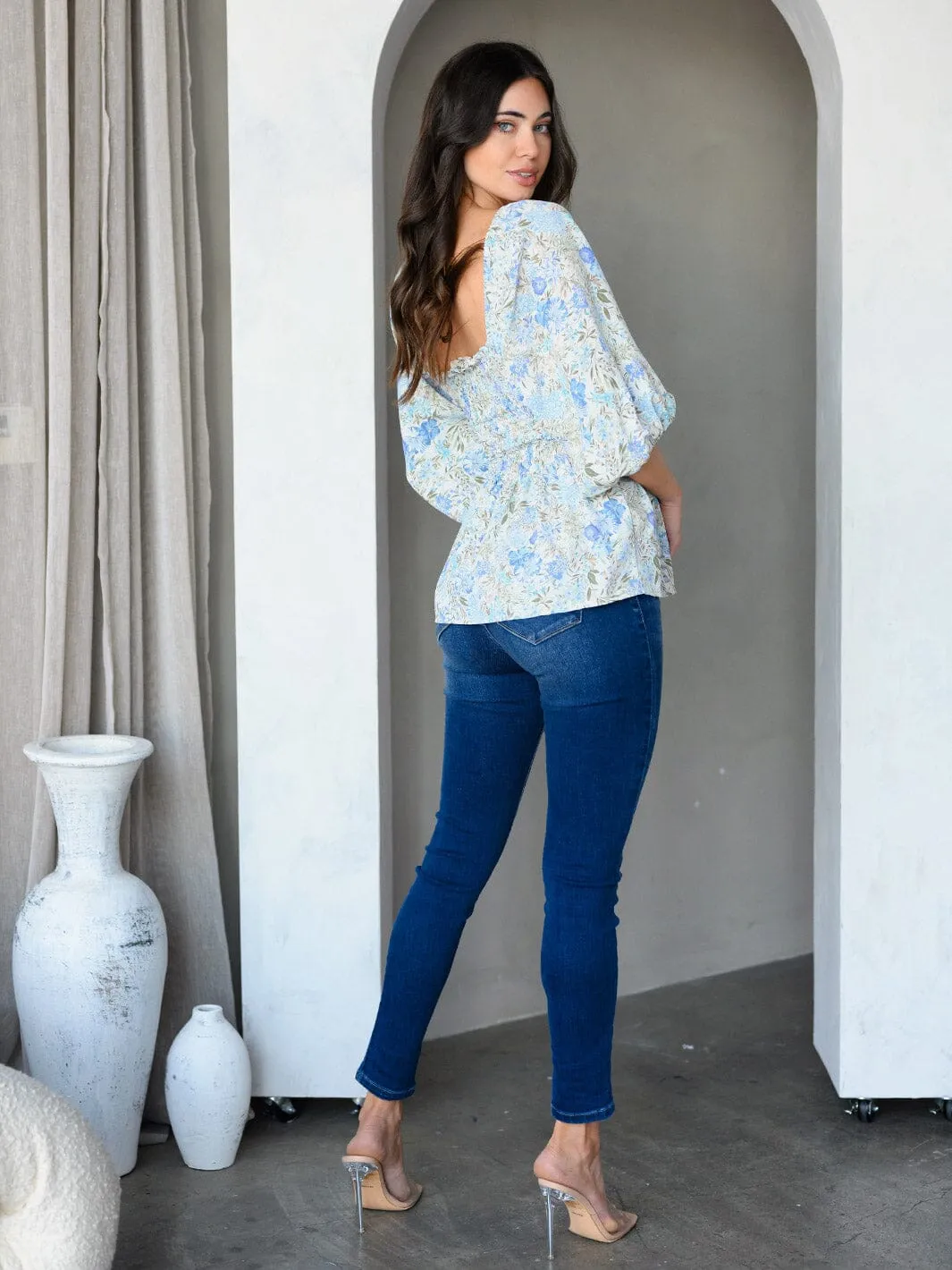 WOMEN'S 3/4 SLEEVE SMOCK FLORAL TUNIC TOP