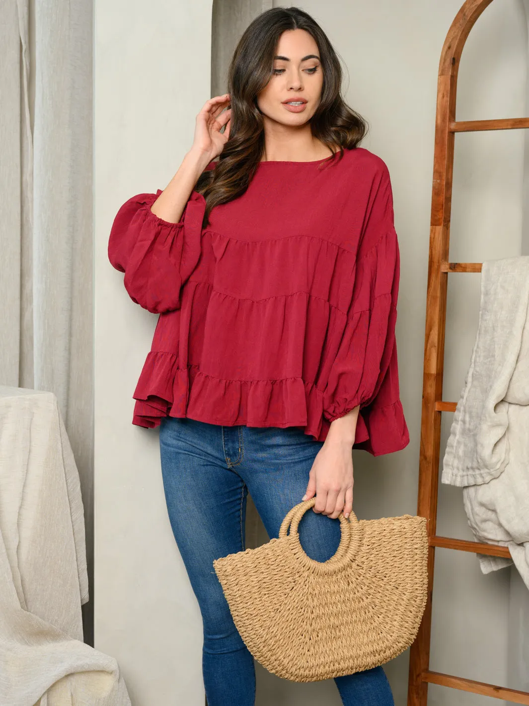 WOMEN'S 3/4 SLEEVE TIERED TUNIC TOP