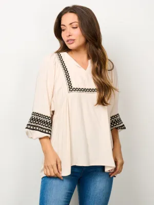 WOMEN'S 3/4 SLEEVE V-NECK DETAILED BLOUSE TOP