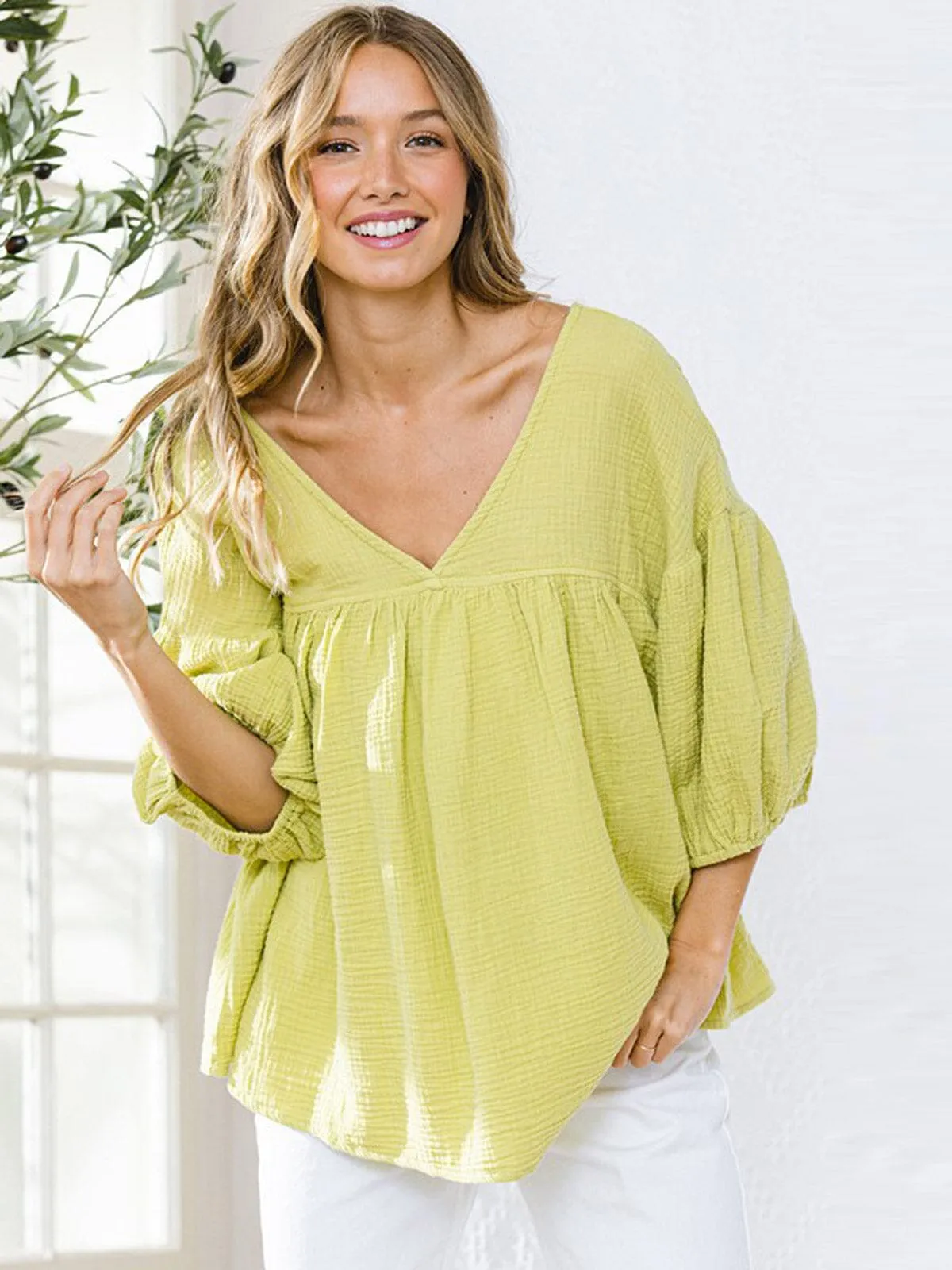 WOMEN'S 3/4 SLEEVE V-NECK TUNIC BLOUSE