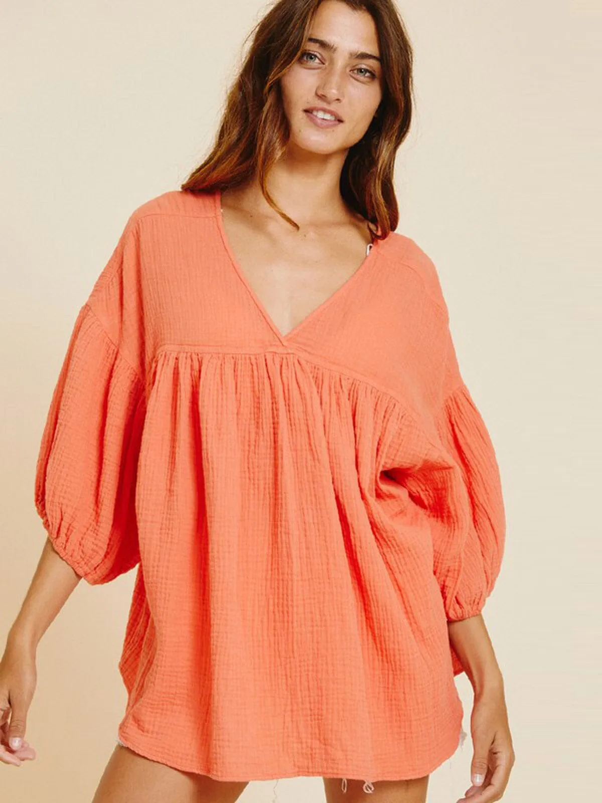 WOMEN'S 3/4 SLEEVE V-NECK TUNIC BLOUSE