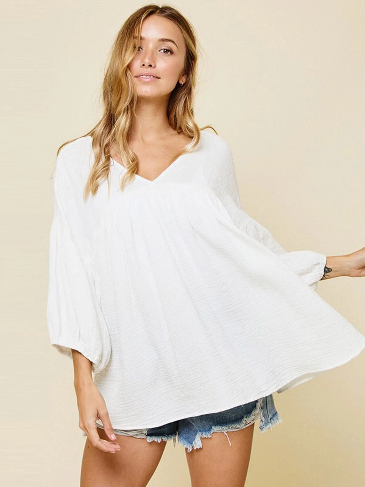 WOMEN'S 3/4 SLEEVE V-NECK TUNIC BLOUSE
