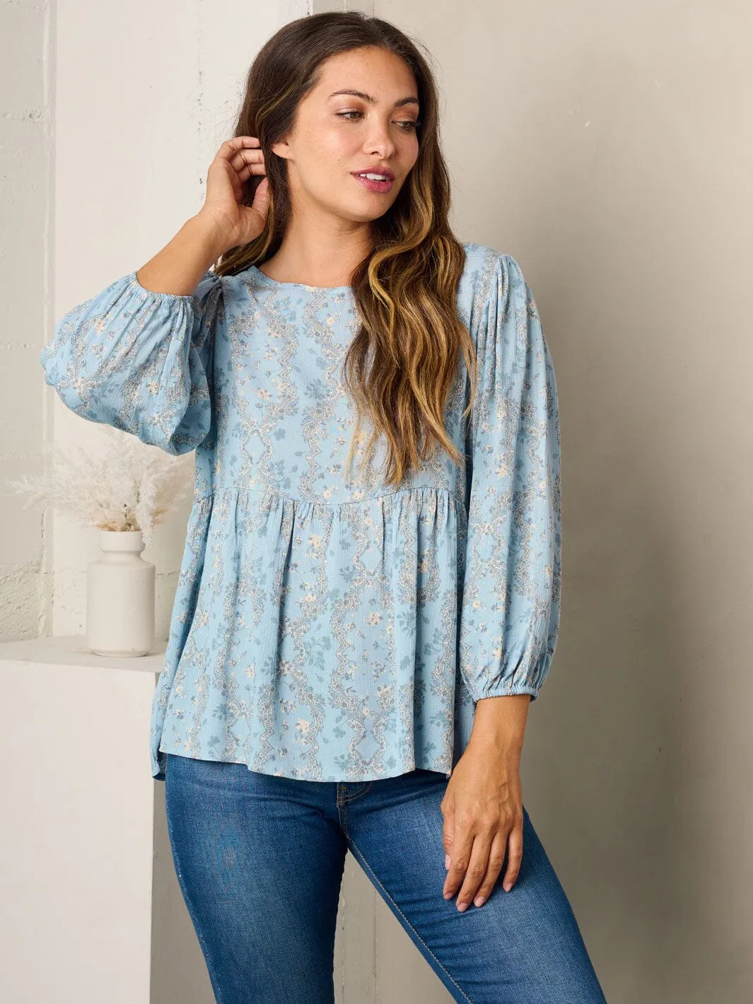 WOMEN'S 3/4 SLEEVELESS TUNIC FLORAL PRINT TOP