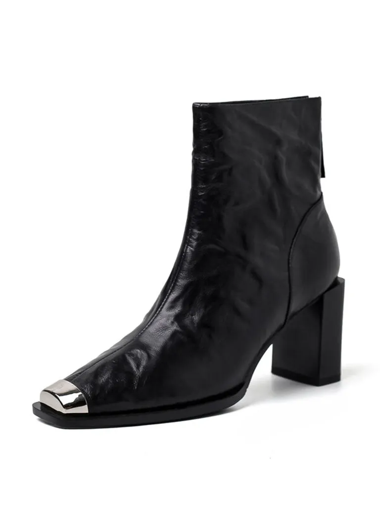 Women's Ankle Boots Black Zip Back Square Toe Chunky Heel Ankle Boots