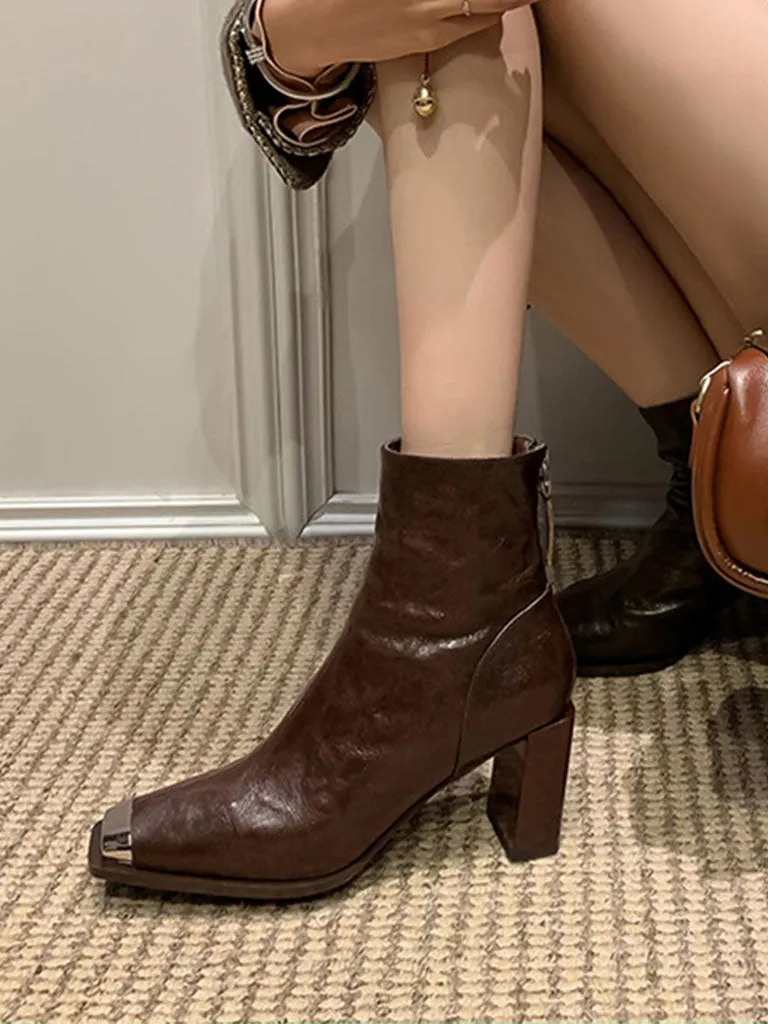 Women's Ankle Boots Black Zip Back Square Toe Chunky Heel Ankle Boots