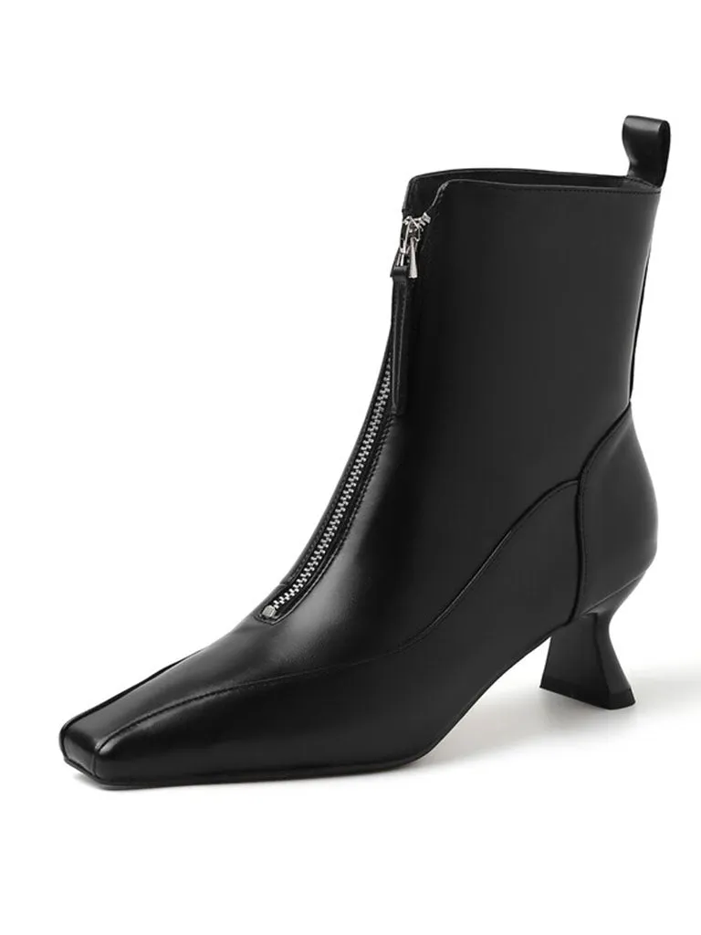 Women's Ankle Boots Black Zip Front Square Toe Kitten Heel Ankle Boots