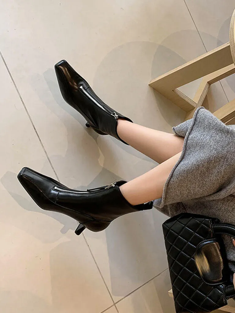 Women's Ankle Boots Black Zip Front Square Toe Kitten Heel Ankle Boots