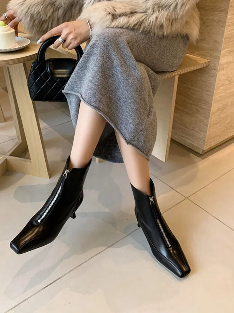 Women's Ankle Boots Black Zip Front Square Toe Kitten Heel Ankle Boots