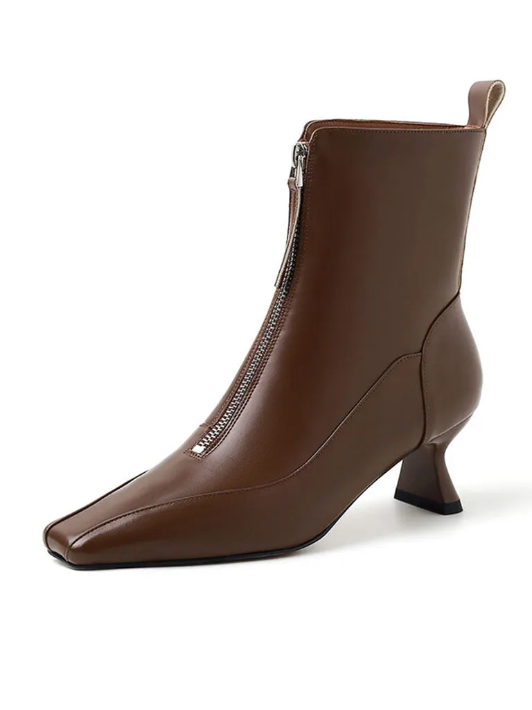 Women's Ankle Boots Black Zip Front Square Toe Kitten Heel Ankle Boots