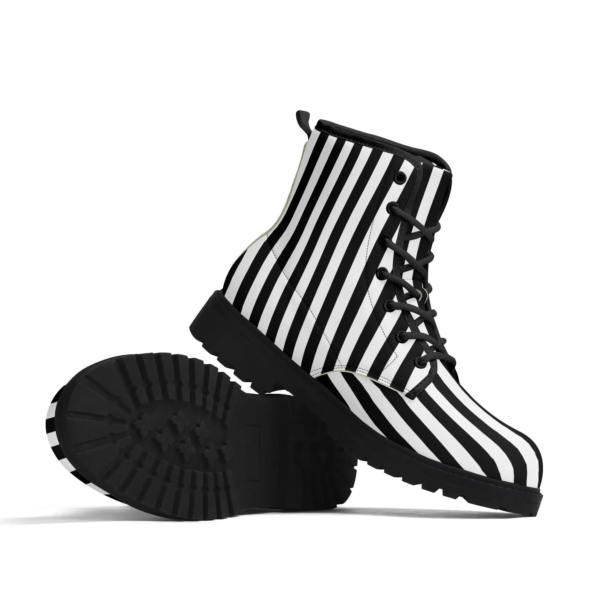 Womens Black White Stripes Vegan Boots