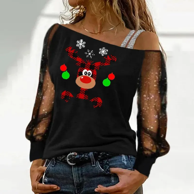 Womens Blouses Sexy Lace Long Sleeves Skew Collar Off Shoulder Patchwork Tee Tops Casual Print Blouses Christmas Clothes 220409