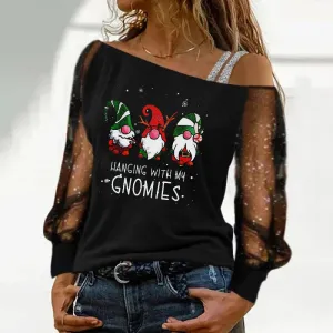 Womens Blouses Sexy Lace Long Sleeves Skew Collar Off Shoulder Patchwork Tee Tops Casual Print Blouses Christmas Clothes 220409
