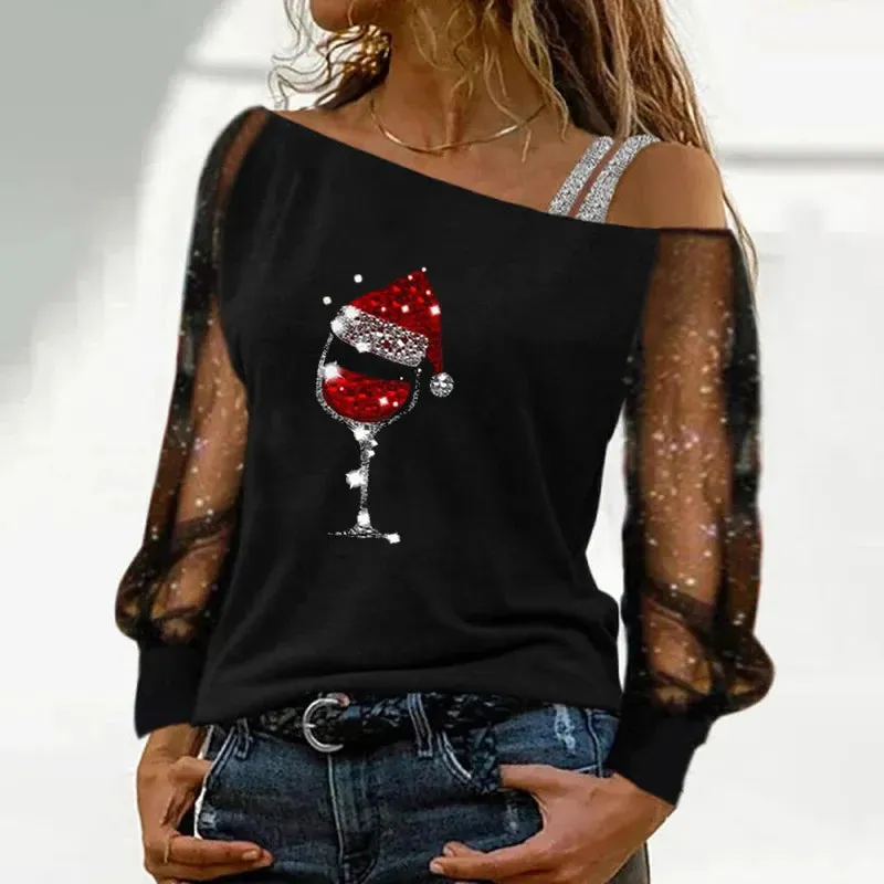 Womens Blouses Sexy Lace Long Sleeves Skew Collar Off Shoulder Patchwork Tee Tops Casual Print Blouses Christmas Clothes 220409