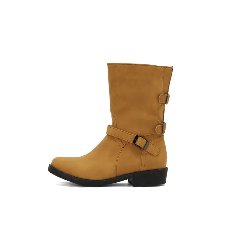 Women's Buckle Strap Round Toe Low Heels Short Boots