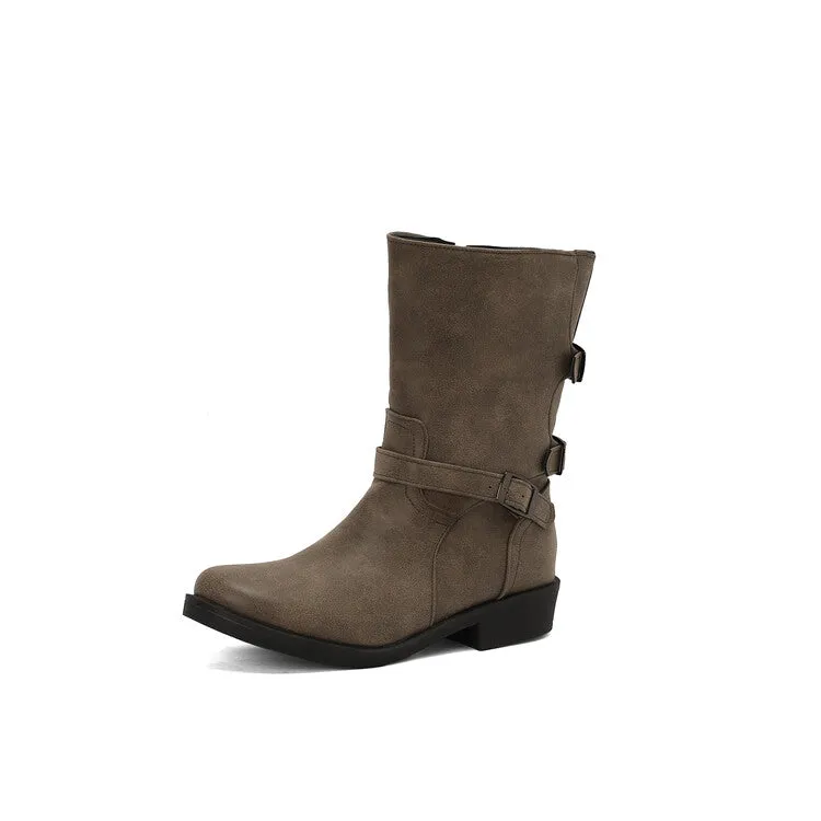 Women's Buckle Strap Round Toe Low Heels Short Boots