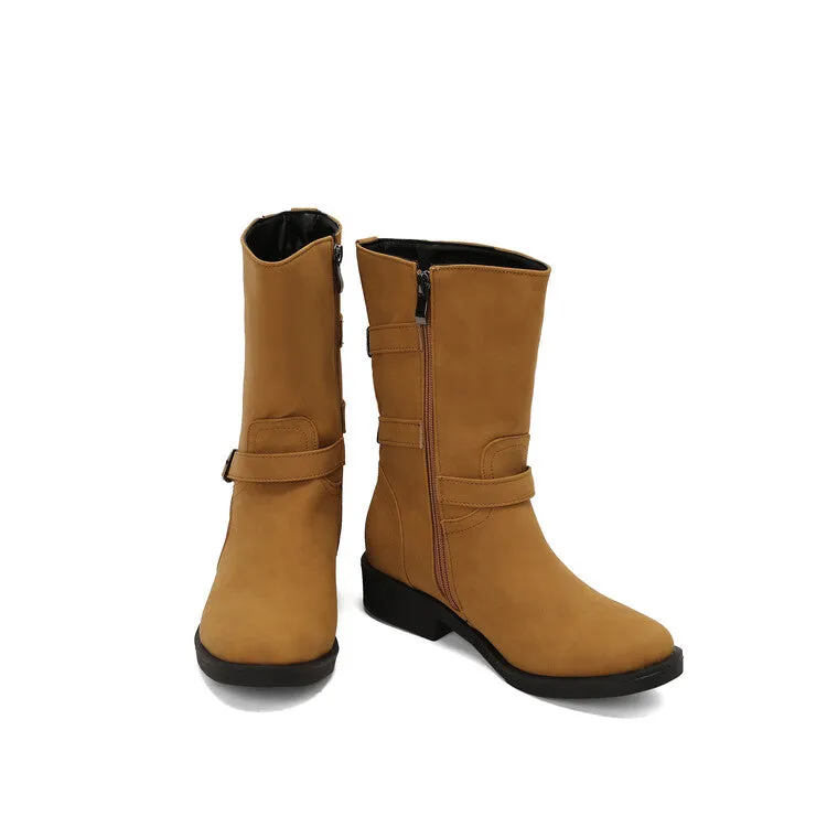 Women's Buckle Strap Round Toe Low Heels Short Boots