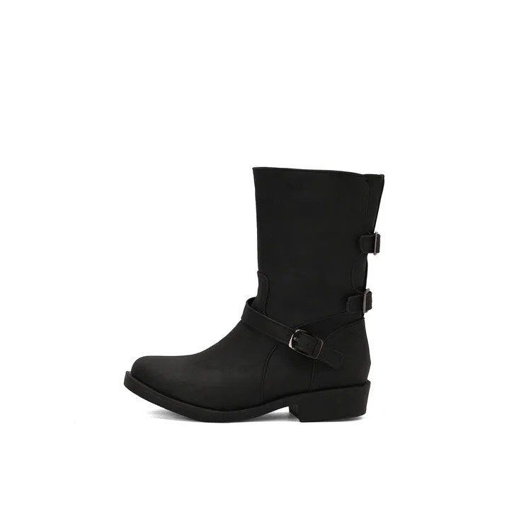 Women's Buckle Strap Round Toe Low Heels Short Boots