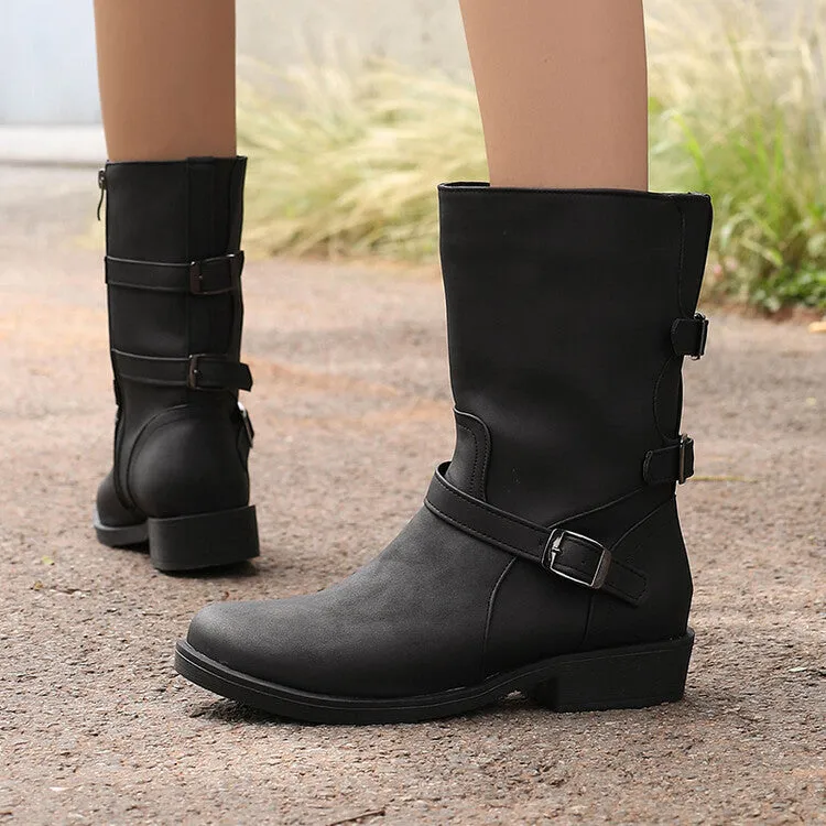 Women's Buckle Strap Round Toe Low Heels Short Boots