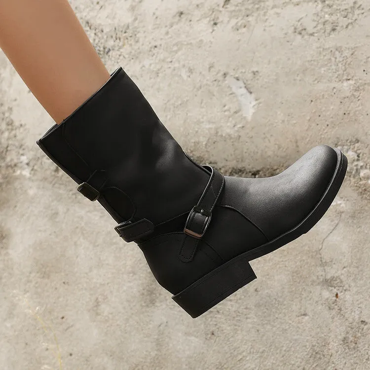 Women's Buckle Strap Round Toe Low Heels Short Boots