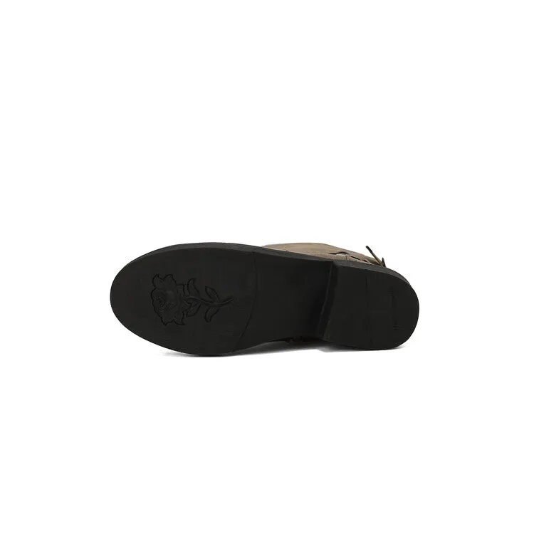 Women's Buckle Strap Round Toe Low Heels Short Boots