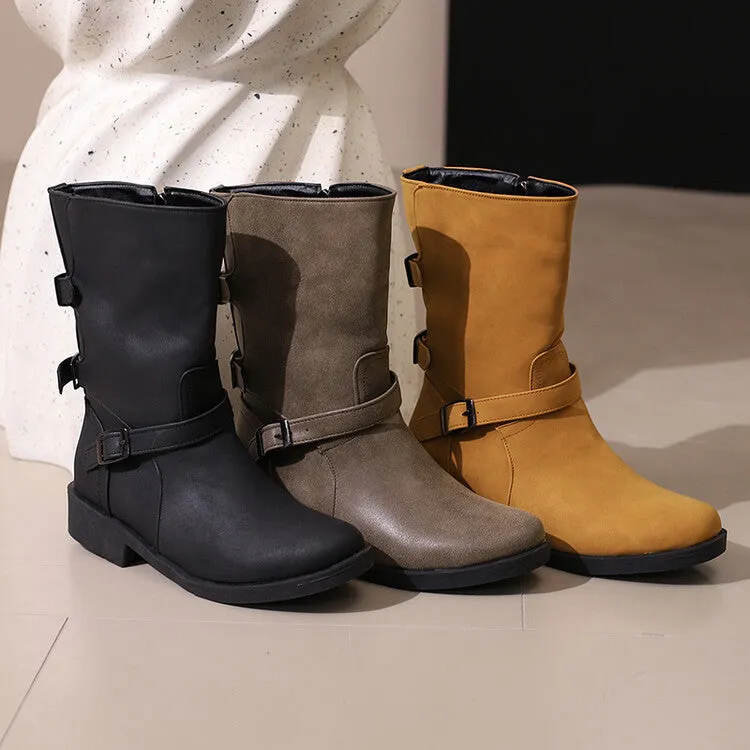 Women's Buckle Strap Round Toe Low Heels Short Boots