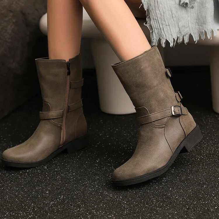 Women's Buckle Strap Round Toe Low Heels Short Boots