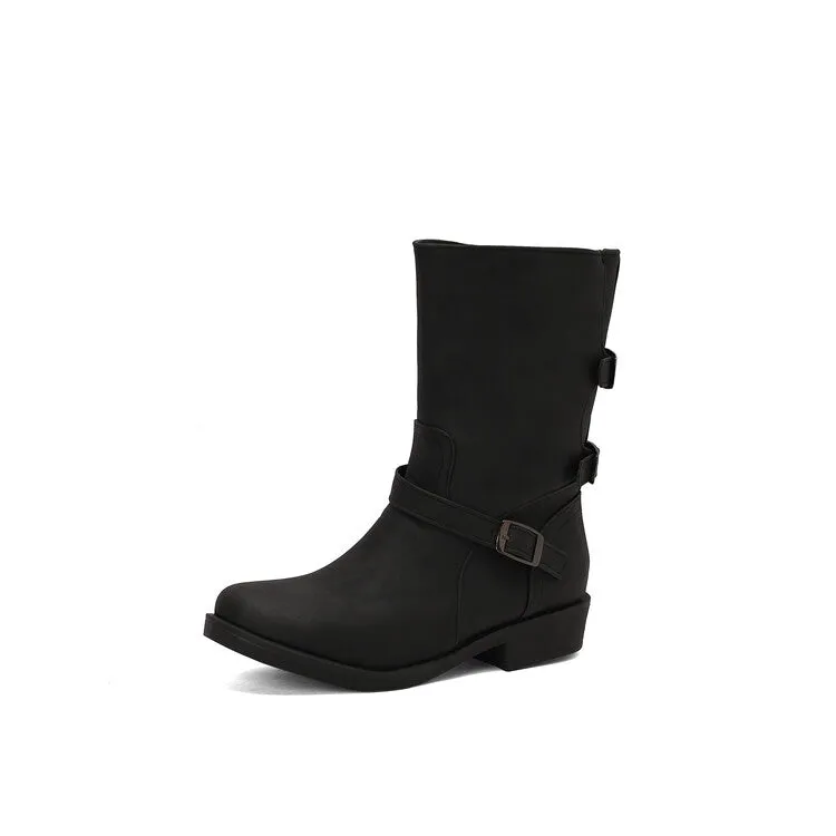 Women's Buckle Strap Round Toe Low Heels Short Boots